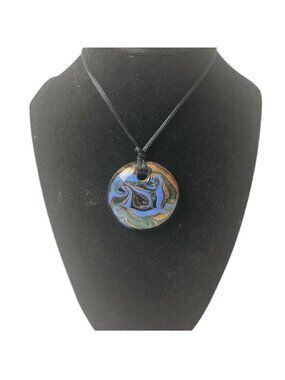 Handcrafted Pendant Necklace Round Glass Multicolor Abstract  Adjustable Cord Ne